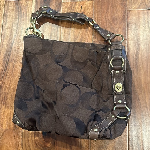Coach Carly Brown Canvas Leather Trim Turnlock Zipper Closure Hobo Shoulder Bag - Picture 4 of 15